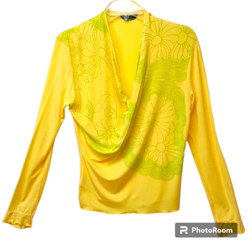 Oilily Lightweight LS Ruffle Cuff Drape V-Neck Yellow Green Floral Graphic Top